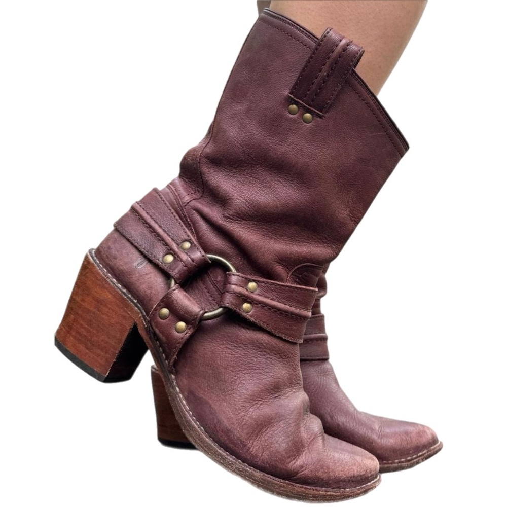 Frye Carmen Harness Boots 10 Distressed Brown Leather Western Mid Calf